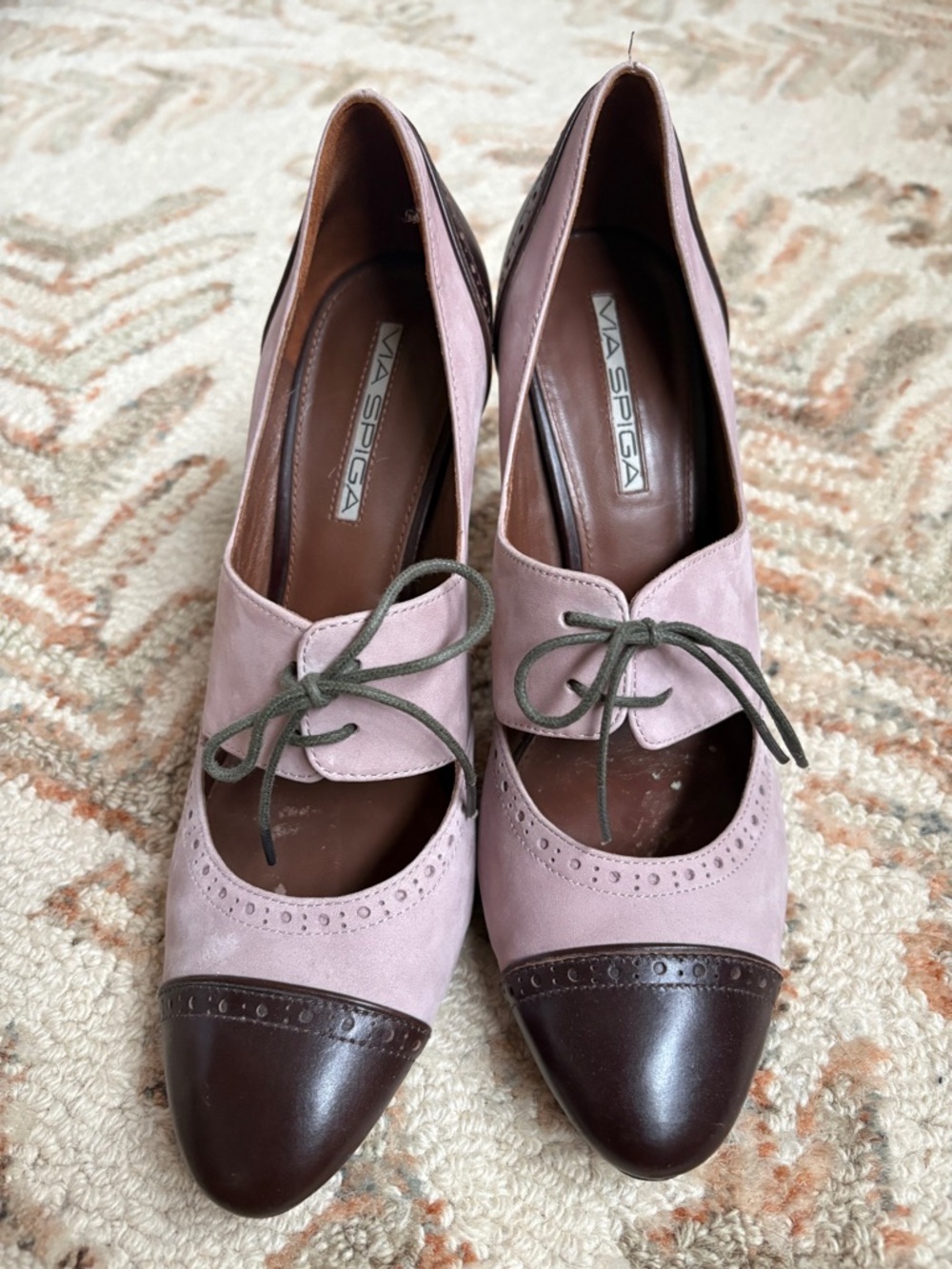 Via Spiga Pink Suede and Brown Leather Lace-Up Heels